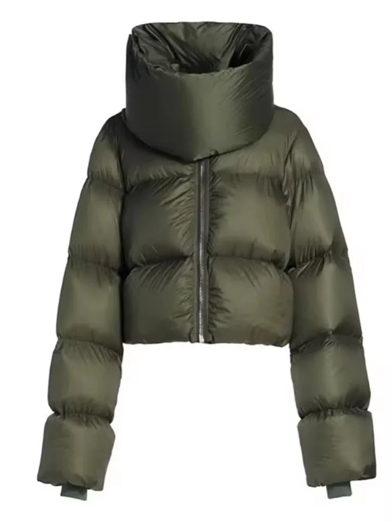 Women Winter Casual Warm Cotton Padded Coat Fashion Zipper Scarf Collar Short Puffer Jacket Ladies Green Parkas Streetwear Femal