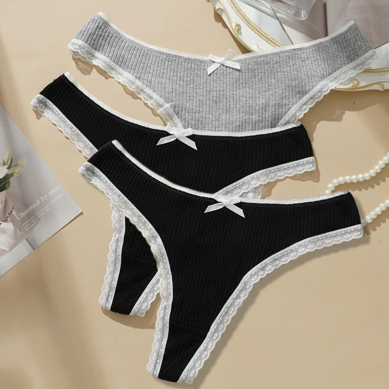 3PCS Sexy Low Waist Panties Women Lace Trim Solid Color Briefs M-XL Breathable Comfortable Lingerie Female Rib Cotton Underwear