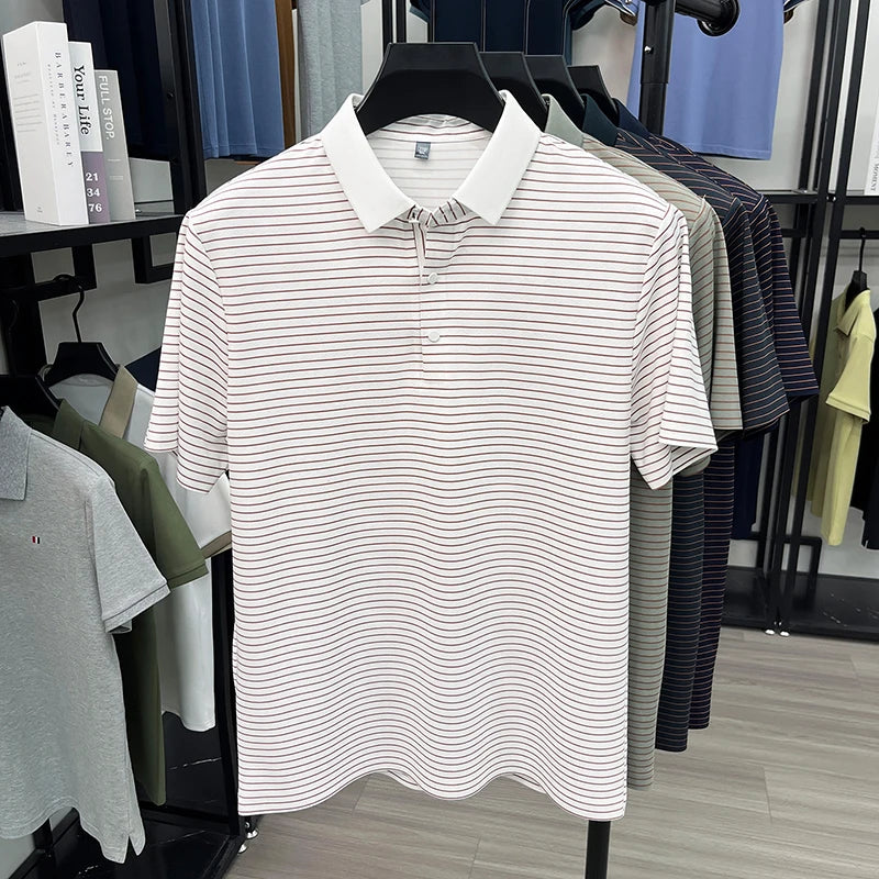 High quality brand ice silk short sleeve polo shirt summer trend striped design men's T-shirt new breathable business casual top