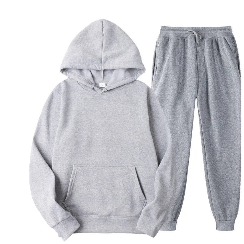 Autumn/Winter New Men's Solid Color Hoodie+Sports Pants Two Piece Outdoor Casual Fashion Loose Large Sports Set - ATFH