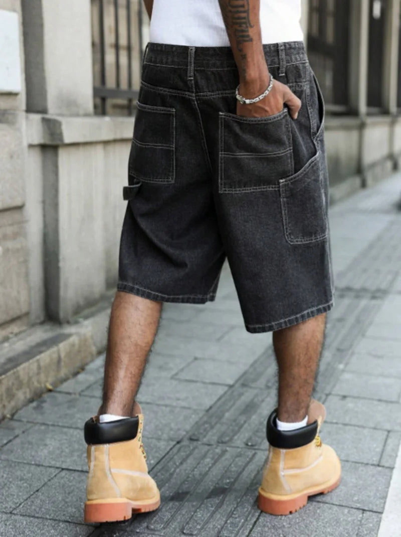 Men's Summer Black-Grey Loose Baggy Denim Shorts ATFH