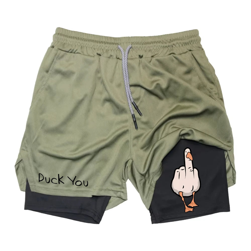 Cartoon Duck Print Men's Shorts Summer Double Layer Letter Print  Quick Drying Pants Fitness Tracksuit Beach Short Pants RL0358