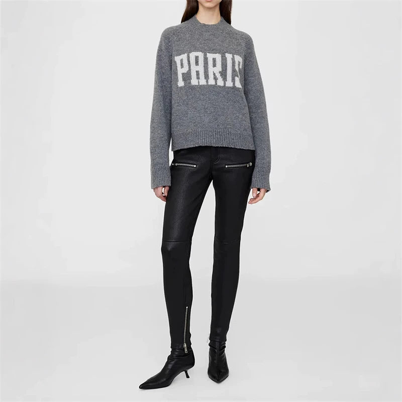 2026 Spring/Winter New Classic Paris Letter Jacquard 100% Cashmere Slim Fit Knit Sweater for Women - ATFH