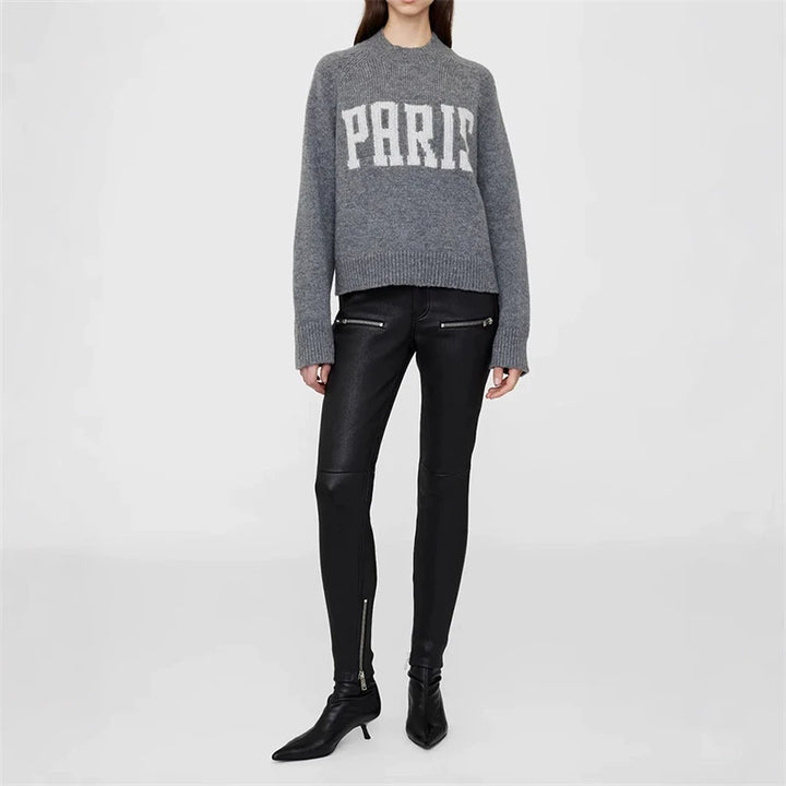 2026 Spring/Winter New Classic Paris Letter Jacquard 100% Cashmere Slim Fit Knit Sweater for Women - ATFH