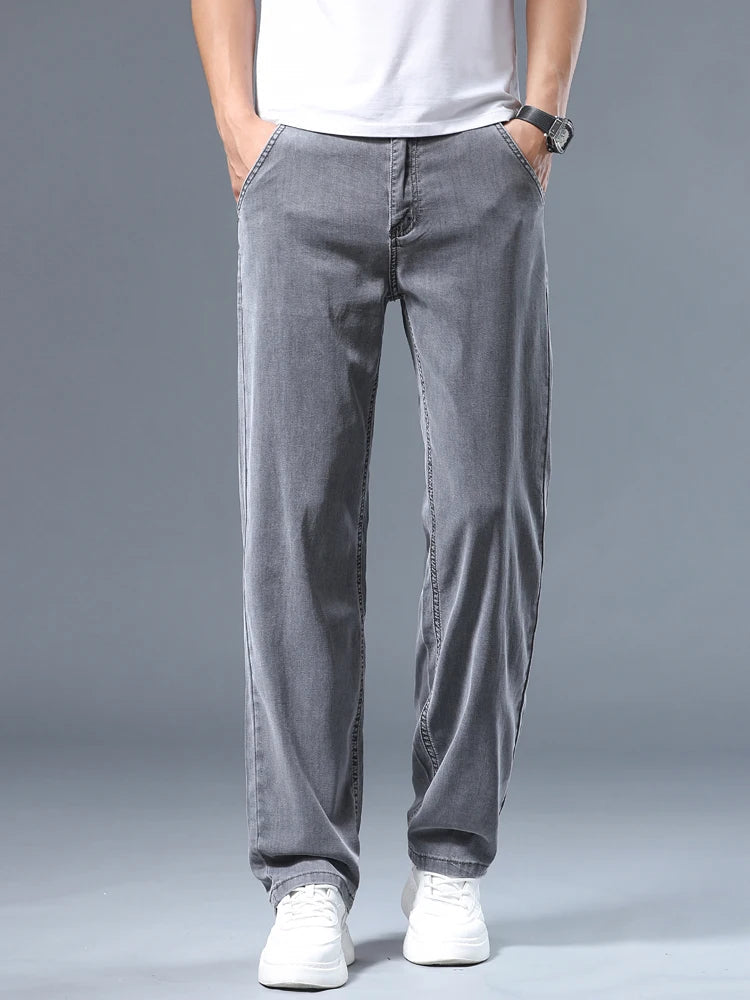 Summer Thin Men's Loose Straight Jeans Lyocell Soft Drape Business Casual Trousers Classic Smoke Gray Brand Ice Silk Pants ATFH