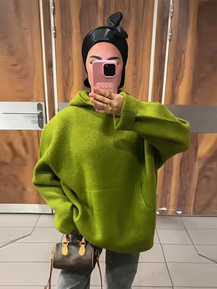 Fashion Lady Knitted Hoodies Sweater Long Sleeve Pocket Drop Shoulder Loose Solid Sweaters Autumn Winter Commuter All-match Tops - ATFH