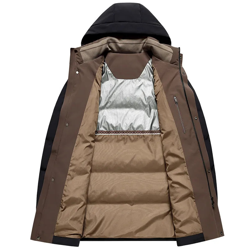 Casual 2026 Winter Men's Warm Mid-Length Hooded Duck Down Jackets Outwear Loose Windproof Puffer Coat Thick Padded Tops Clothing