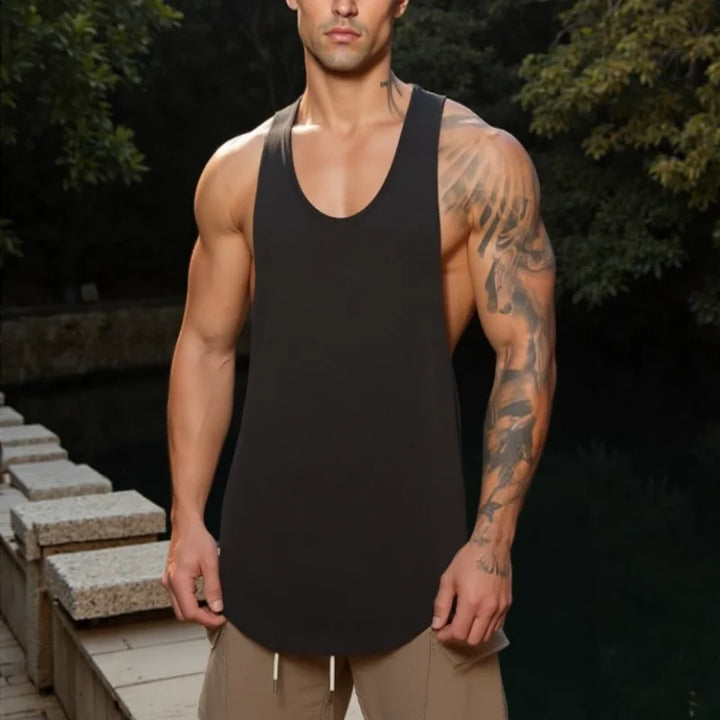 Men's black cotton gym tank top, sleeveless for workouts