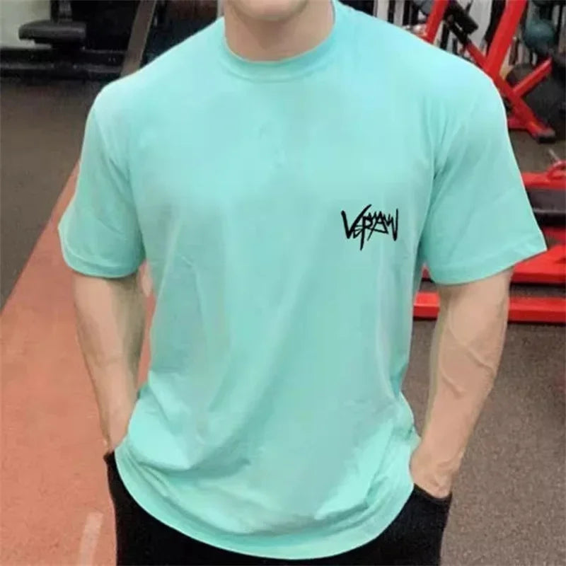 NEW Round Collar  sports T Shirt Oversize Cotton Summer Tee Training running shirt Man Streetwear Half Sleeve men T-shirt ATFH