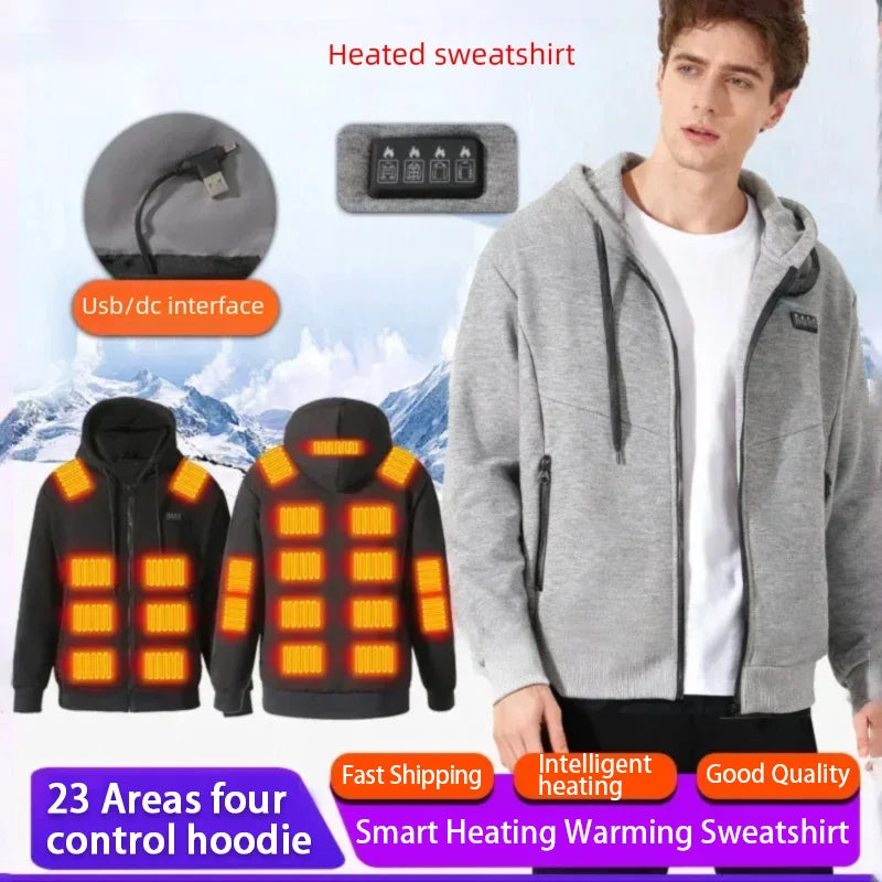 23 Areas Intelligent USB Heating Hoodie for Men Women Electric Smart Heating Fleece Liner Heated Sweatshirt Outdoor Sportswear - ATFH