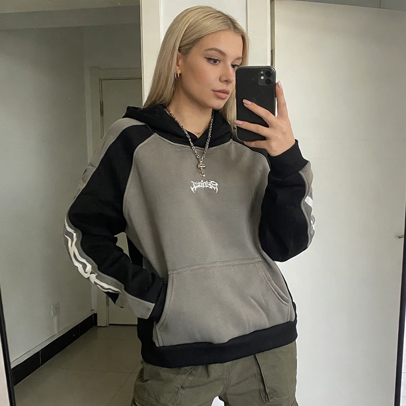 2000s High Street Contrast Stitching Fashion Long Sleeve Loose Pullover Letter Embroidery Hoodie Vintage Hip Hop Rock Sweatshirt - ATFH