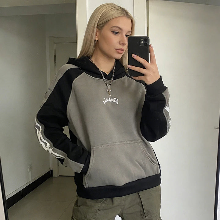 2000s High Street Contrast Stitching Fashion Long Sleeve Loose Pullover Letter Embroidery Hoodie Vintage Hip Hop Rock Sweatshirt - ATFH