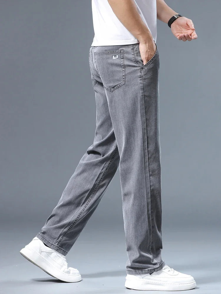 Summer Thin Men's Loose Straight Jeans Lyocell Soft Drape Business Casual Trousers Classic Smoke Gray Brand Ice Silk Pants ATFH