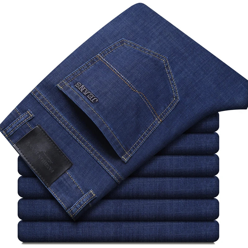 Summer New Elastic Men's Jeans Fashion Comfortable Business Straight Stretch Cotton Casual Denim Pants Brand Male Thin Trousers ATFH