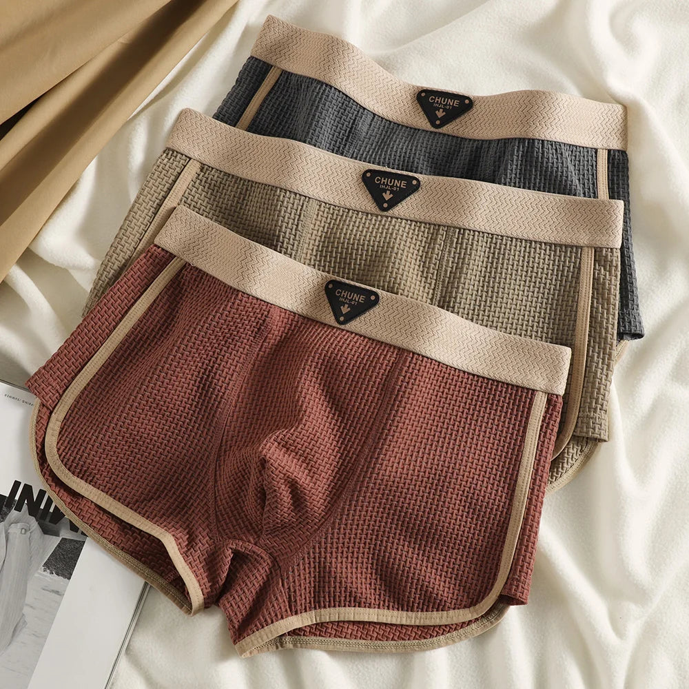 3PCS/Pack Fashion Ice Silk Knitted Plaid Boxers Breathable Comfort Mesh Crotch Underpants Super Soft High Elastic Men's Panties