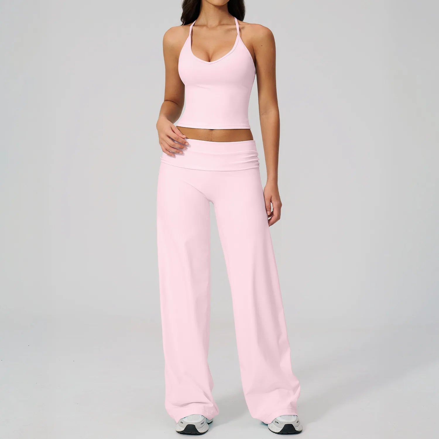 2PCS Fitness Suit Gym Tracksuits Deep V Yoga Bra Athletic Wear Female High Waist Workout Flared Pants Sports Set Yoga Clothes