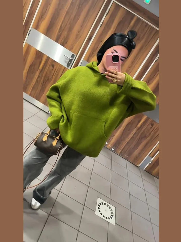 Casual Knitted Women's Sweater Hooded Solid Loose Pocket Lady Sweaters 2025 New Autumn Winter Fashion Female Street Outwears - ATFH