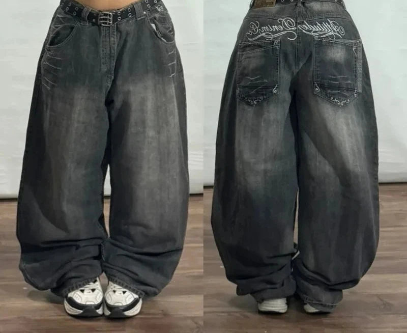 Harajuku Patchwork Cherry Blossom Embroidery Denim Pants Y2K Vintage Women Baggy Straight Wide Leg Jeans Street Men Clothes ATFH