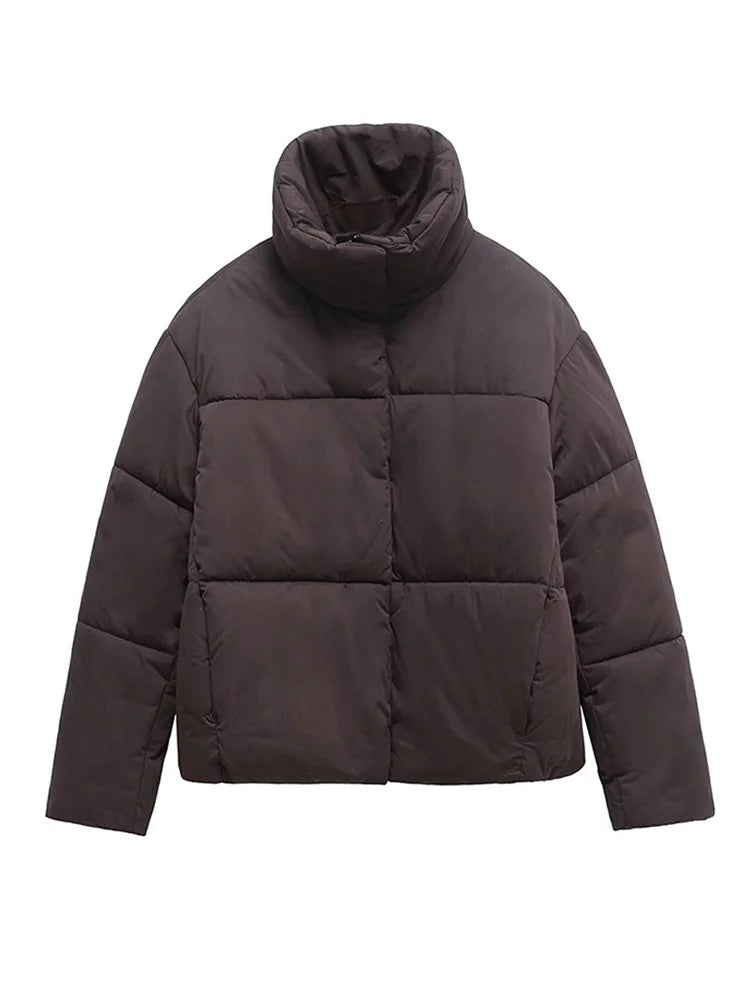 Solid Cropped Short Puffer Jacket Women Fashion High Collar Full Sleeve Drawstring Hem Warm Coat 2025 Winter Casual Outerwear ATFH