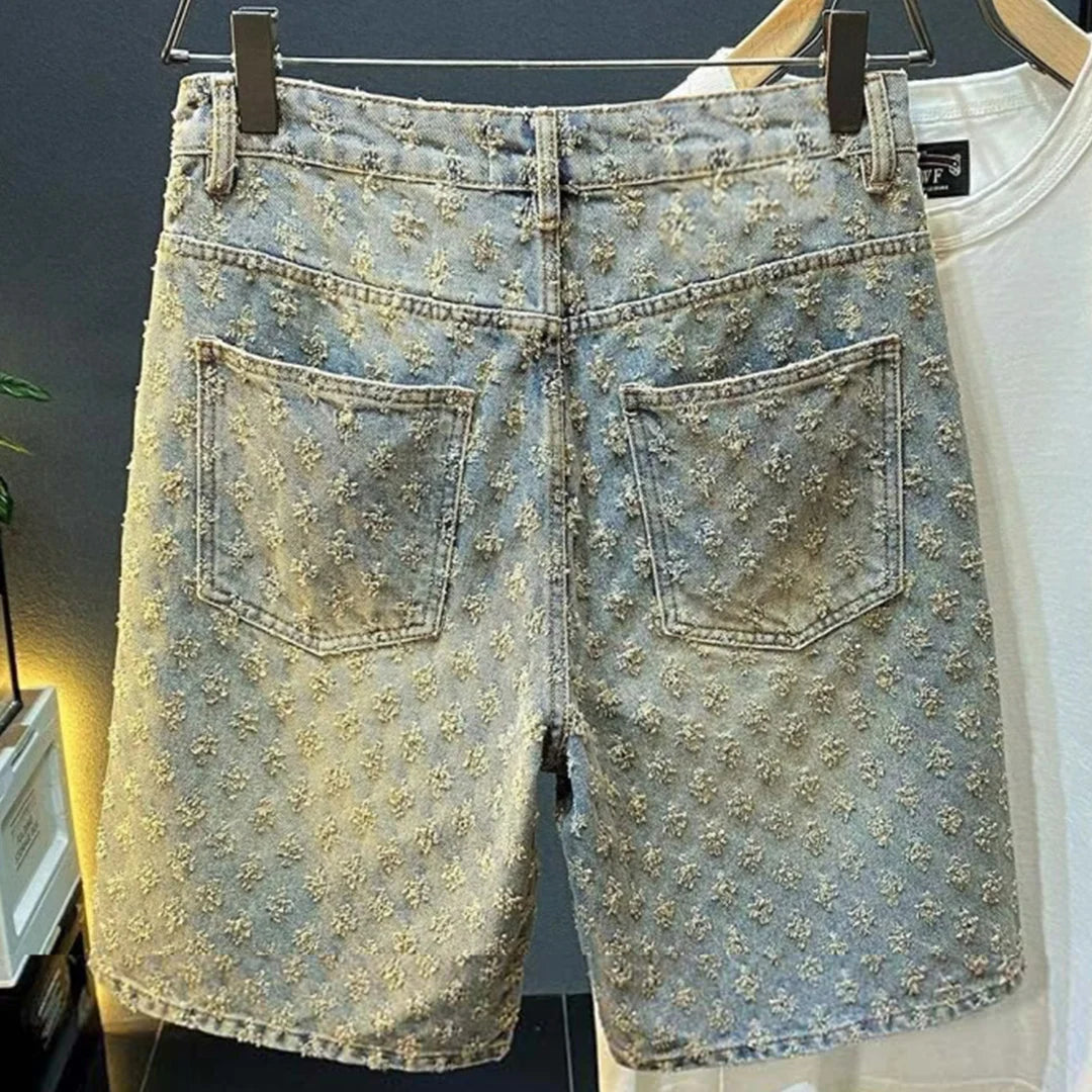 2025 Summer New American men's fashion ripped denim shorts, loose straight-leg casual mid-parted denim shorts ATFH