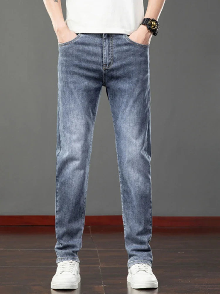 2026 Summer Men's Jeans Slim Fit Jeans Thin Stretch Straight Light Business Casual Denim Long Pants Male Classic Style Brand ATFH