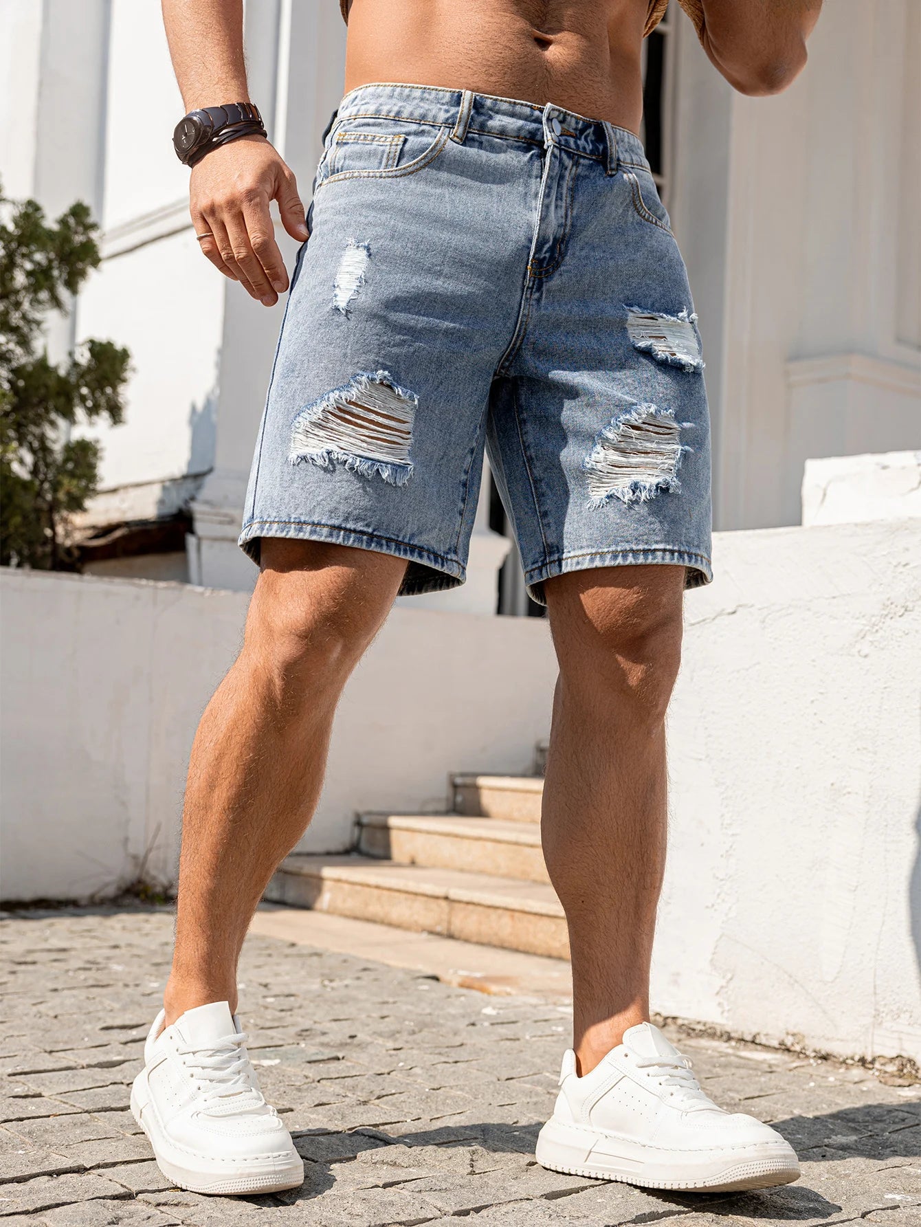 2026 Men's Summer Loose Fit Blue Distressed Denim Shorts All Occasion Wear Casual/Party/Vacation Versatile Trendy Men's Pants Ripped Jeans Size XS-XL ATFH