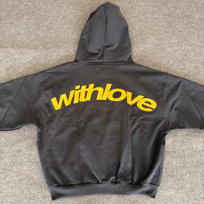 Men's With Love Cursive Text Graphic Hoodie Sweatshirt Oversized Streetwear Pullover Casual Autumn Winter Hooded Top