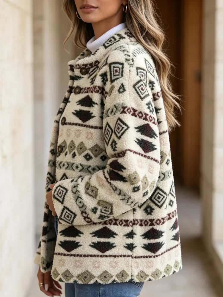 2026 New Women's Winter Fleece Jacket, Loose and Fitted, Soft and Warm, with Windproof and Anti-Pinch Design, Cream-Colored Aztec Geometric Print, Stand-Up Collar with Button Closure, a Rural Style Daily Winter Outfit Jacket