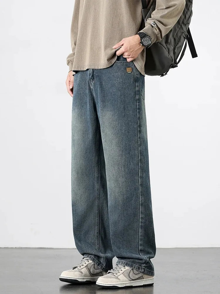 Spring Autumn American Retro Straight Jeans Men Streetwear Korean Fashion Loose Baggy Wide Leg Denim Pants Male Casual Trousers ATFH