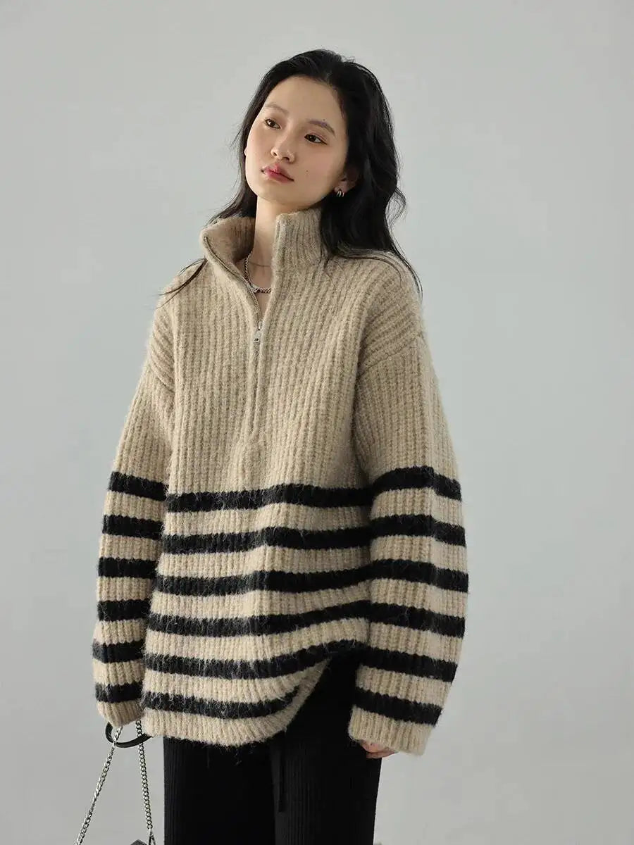 UMI MAO Women's Sweaters Turtleneck Zipper Contrast Stripe Jumpers Thickened Pullovers Warm Female Coat Autumn Winter - ATFH