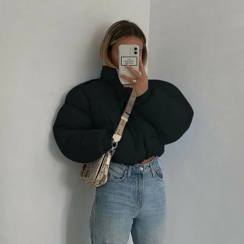 Women Short Puffer Jacket Cotton-Padded Thick Drawstring Parkas Zipper Winter Bubble Coat Warm Casual Hot Street Outfits