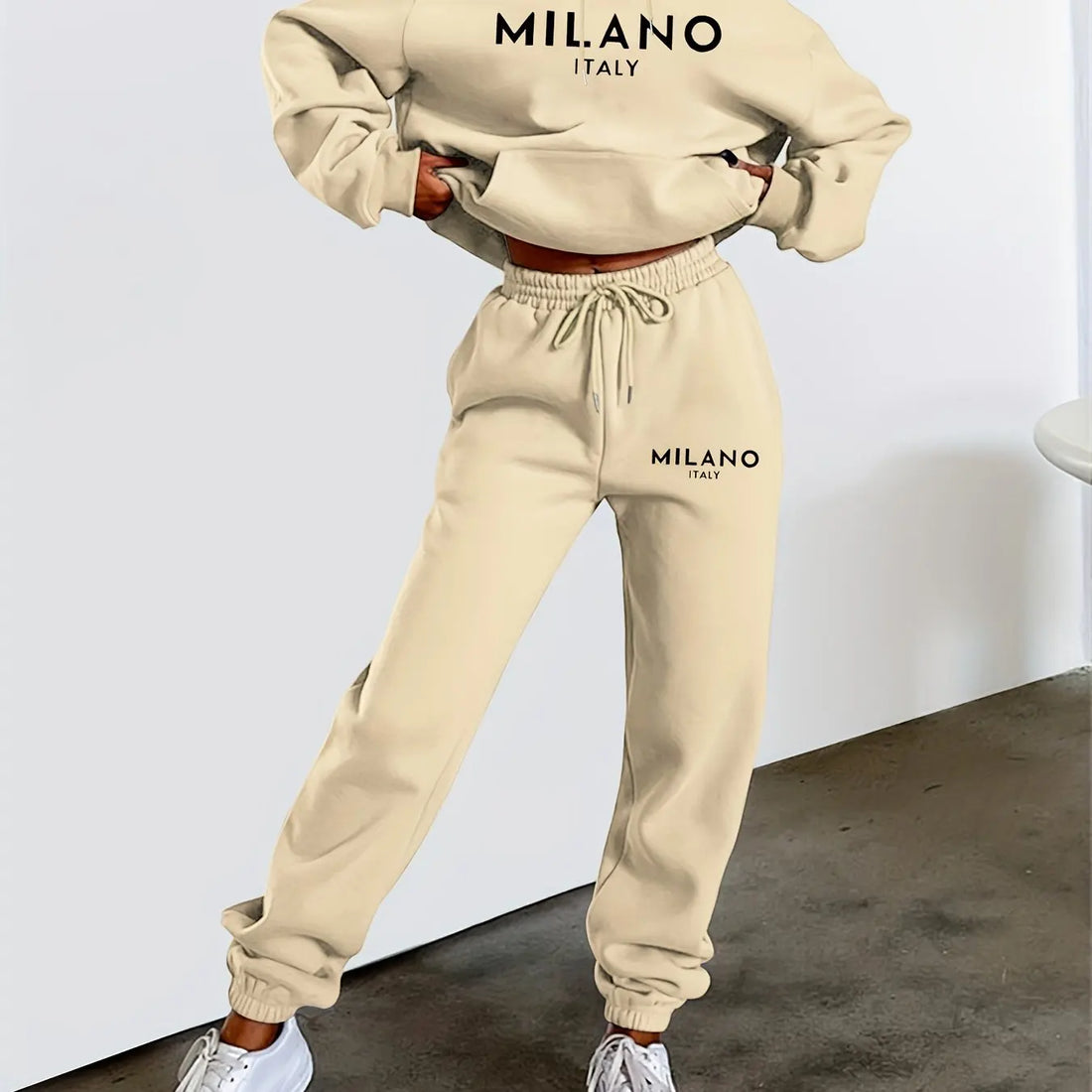 Women's Autumn/Winter Hoodie+Sports Pants Set Street Casual MILANO ITALY Letter Printed Fashion and Velvet Warm Clothing