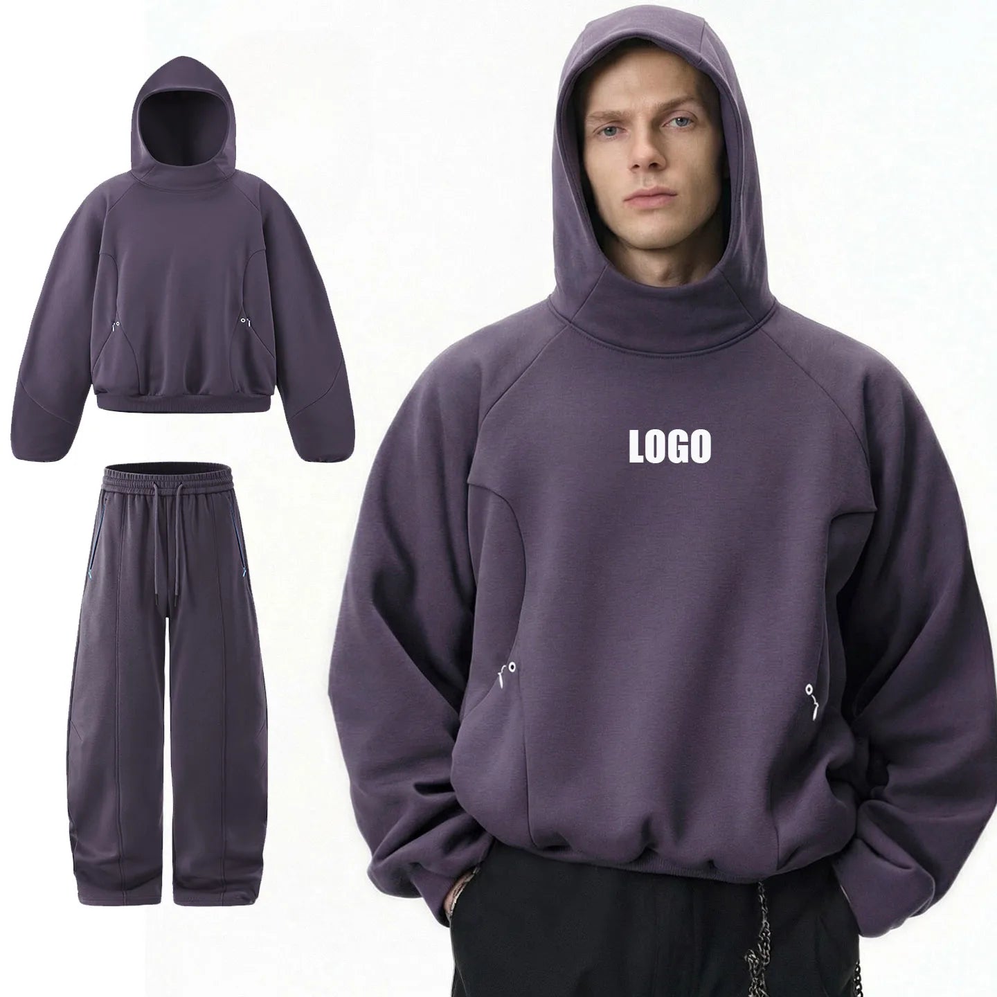 Custom LOGO men's 340G cotton polyester fleece sweater winter new eggshell fleece hoodie scimitar sweatpants couple suit - ATFH
