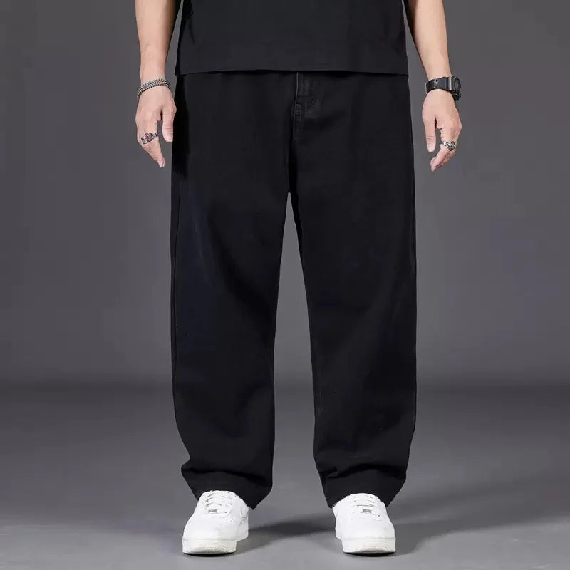 Men's Plus Size Jeans with Elastic Waistband Denim Trousers Male Straight Tube Breathable Loose Street Wear Casual Pants ATFH