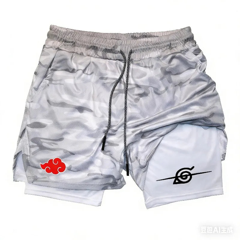 Men Anime Double Layer Shorts Gym Workout Sports Multi-Performance Training Hip-hop Quick-Drying Jogging Pants Towel Y2k Fitness