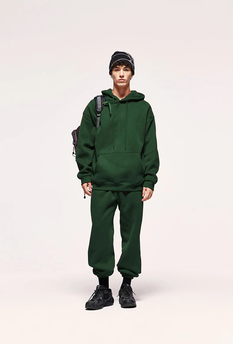 Autumn/Winter New Men's Solid Color Hoodie+Sports Pants Two Piece Outdoor Casual Fashion Loose Large Sports Set - ATFH