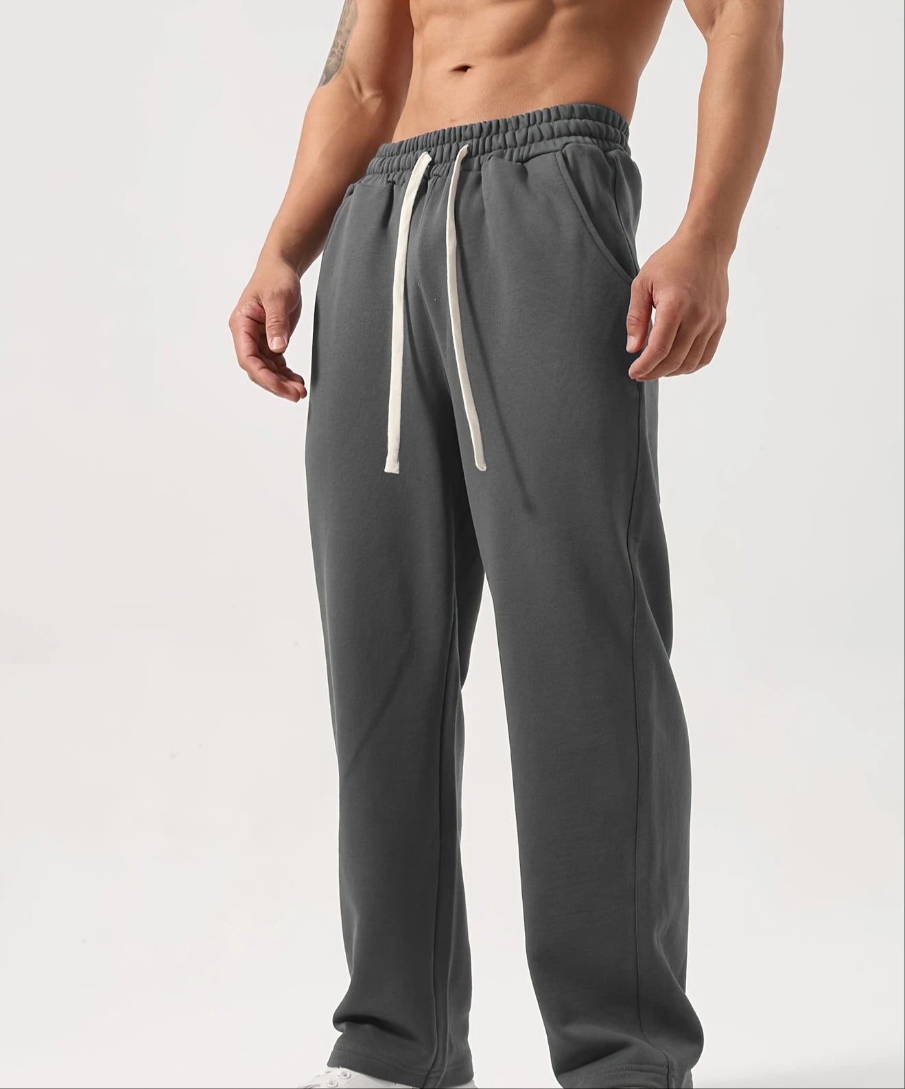 Men's casual athletic trousers loose-fitting straight leg wide-leg style elastic waistband simple solid color pants sweatpants