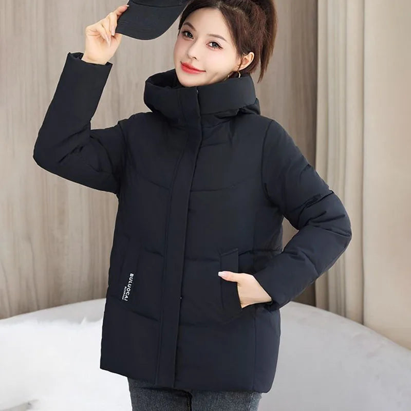 Women Short 2025 Winter New Solid Color Cotton Coats Thicken Hooded Warm Casual Coats Pockets Letter Windproof Soft Coats