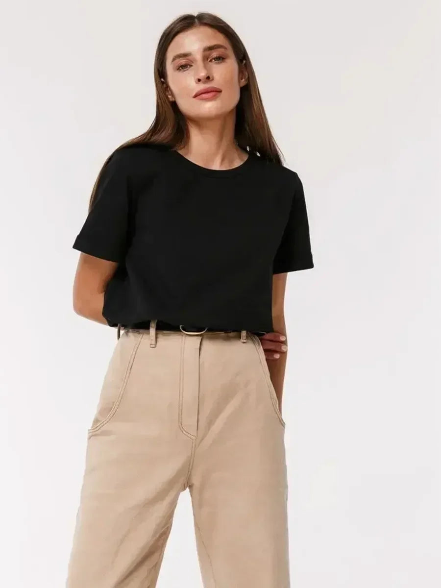 Bornladies Summer 100% Cotton Women's T-shirt Bottoming Basic Fashionable Solid Lady Short Sleeve Loose Tops Shirts 230g/㎡ Tops - ATFH