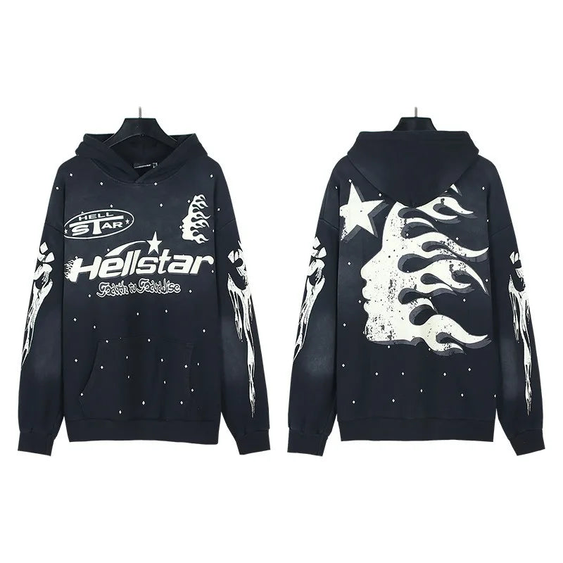 Hellstar Washed Distressed French Terry High Street Hoodie Sweatshirt Jacket Unisex Streetwear Vintage Outerwear