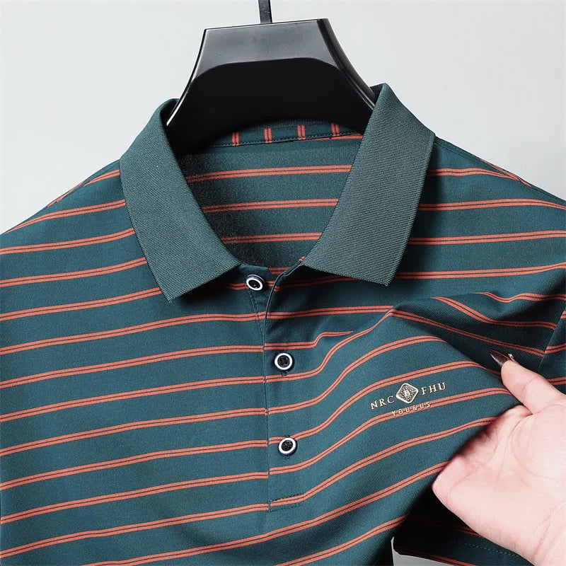 Luxury exquisite letter embosse short sleeve polo shirt new trend brand striped men's T-shirt premium silk cotton comfort top