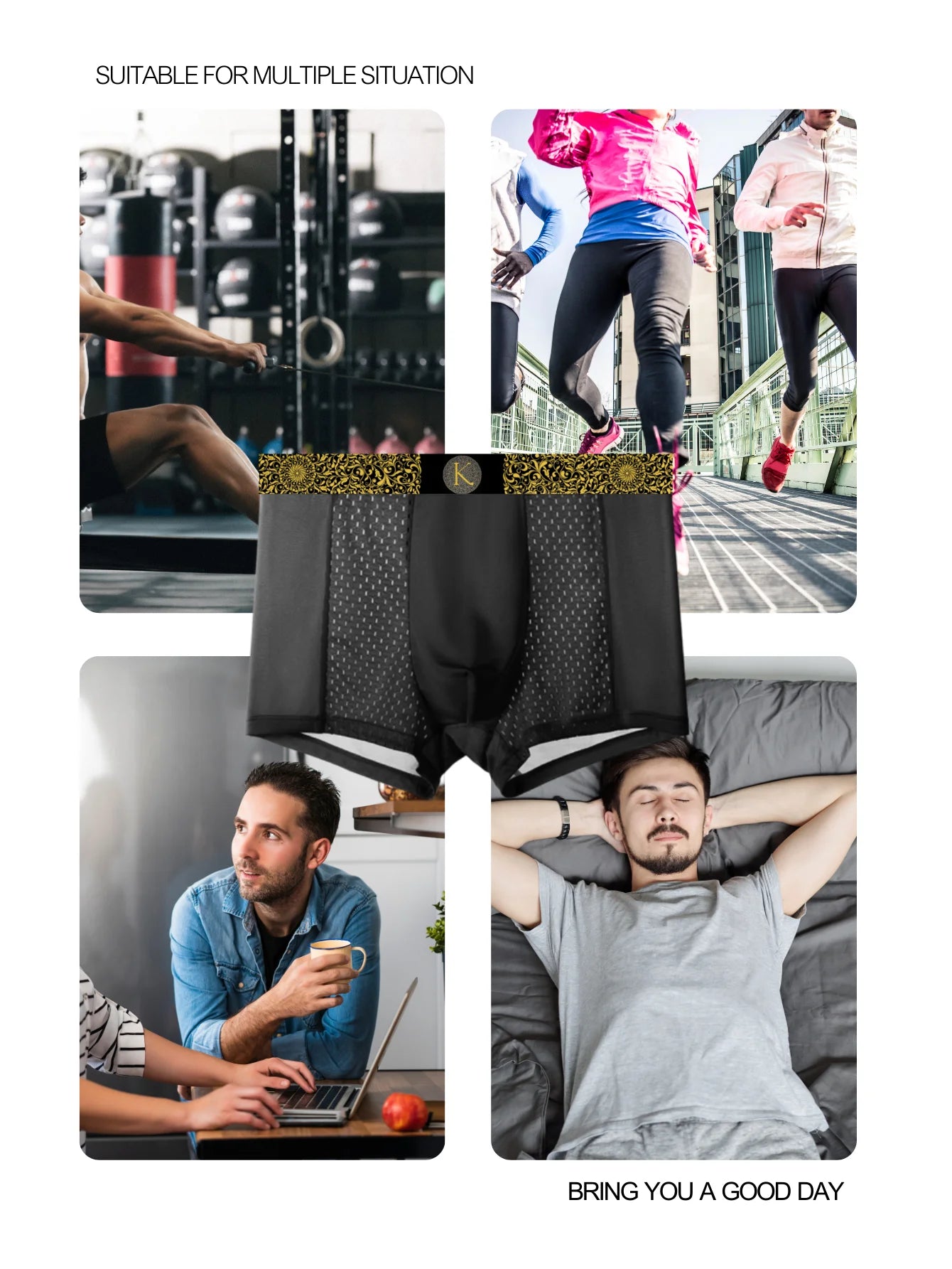 1PC Mesh Ice Silk Boxer Shorts Men's Underwear Underpants Luxury Boys Retro Panties Bamboo Lingerie Plus Size Gold Black Print
