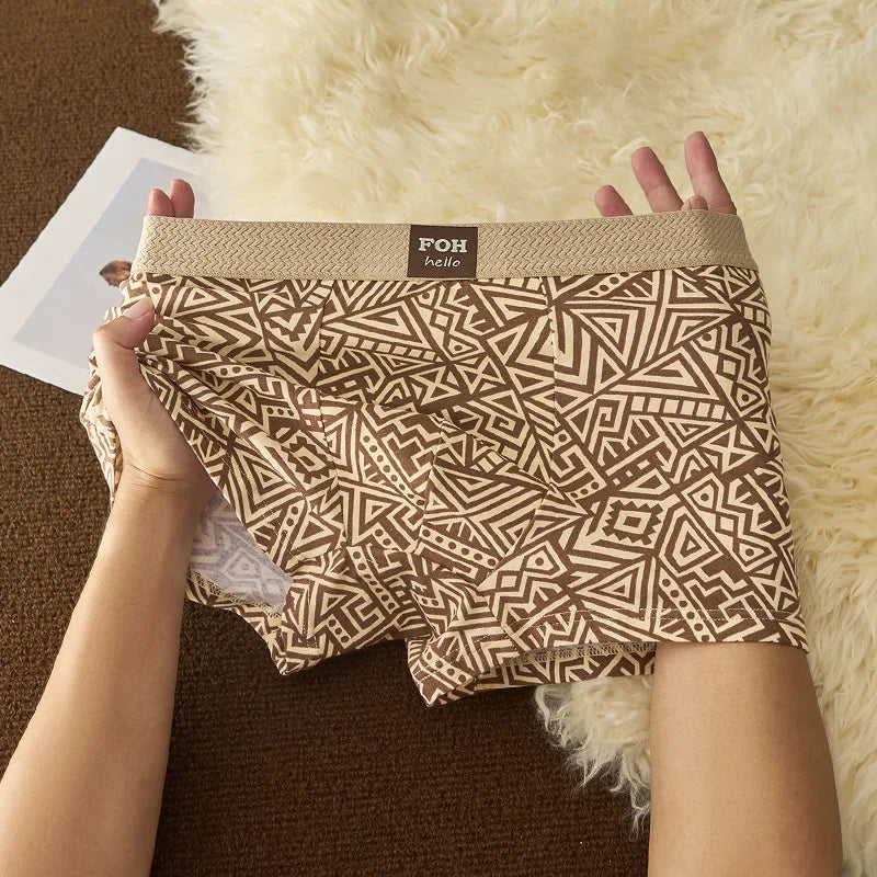 1/3 Pcs Men's Cotton Boxer Shorts Breathable Comfortable Underwear Man Printed Trendy Ethnic Retro Square Underpant Male Panties