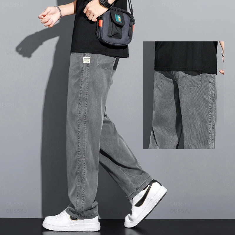 Summer Soft Lyocell Fabric Men's Jeans Thin Loose Straight Pants Drawstring Elastic Waist Korea Casual Trousers Plus Size M-5XL ATFH