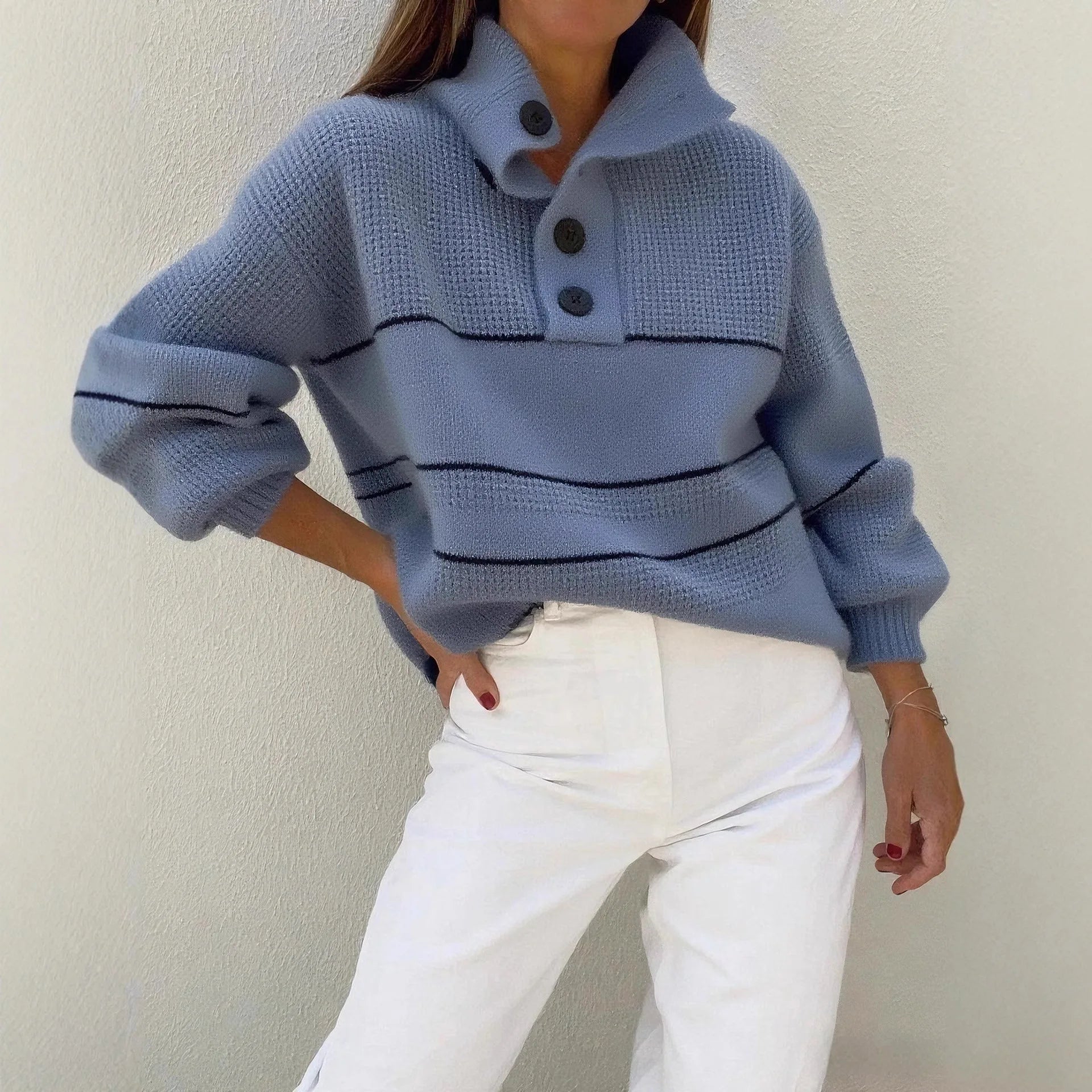 Women's Half Cardigan Contrast Casual Polo Pullover Sweater - ATFH