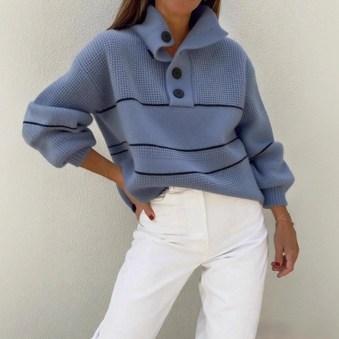 Women's Half Cardigan Contrast Casual Polo Pullover Sweater - ATFH