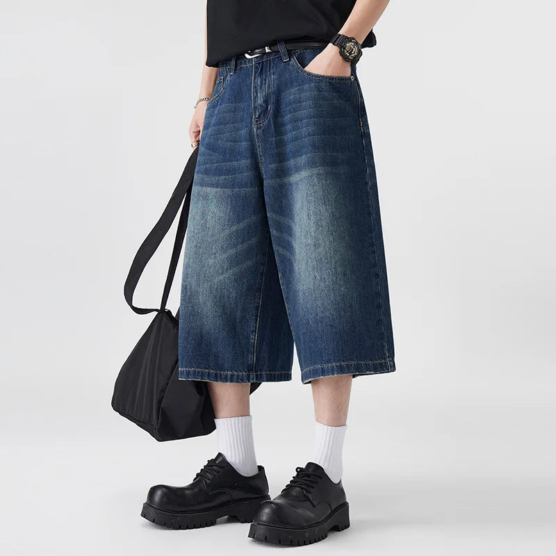 Men's Non-Elastic Denim Seven-Five Shorts Loose Wide Leg Fit Versatile Simple Style Casual Shorts ATFH
