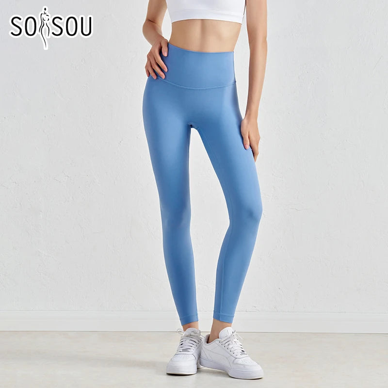 SOISOU Nylon Yoga Gym Leggings Women Girl Fitness Soft Tights High Waist Elastic Breathable No T Line Sports Pants 50 Colors ATFH