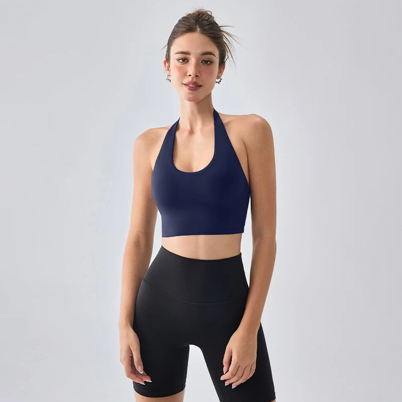 Women's Halter Neck Sports Yoga Vest Quick Dry Breathable Shockproof Slimming Fitness Outdoor Running Workout Cycling Yoga Top - ATFH