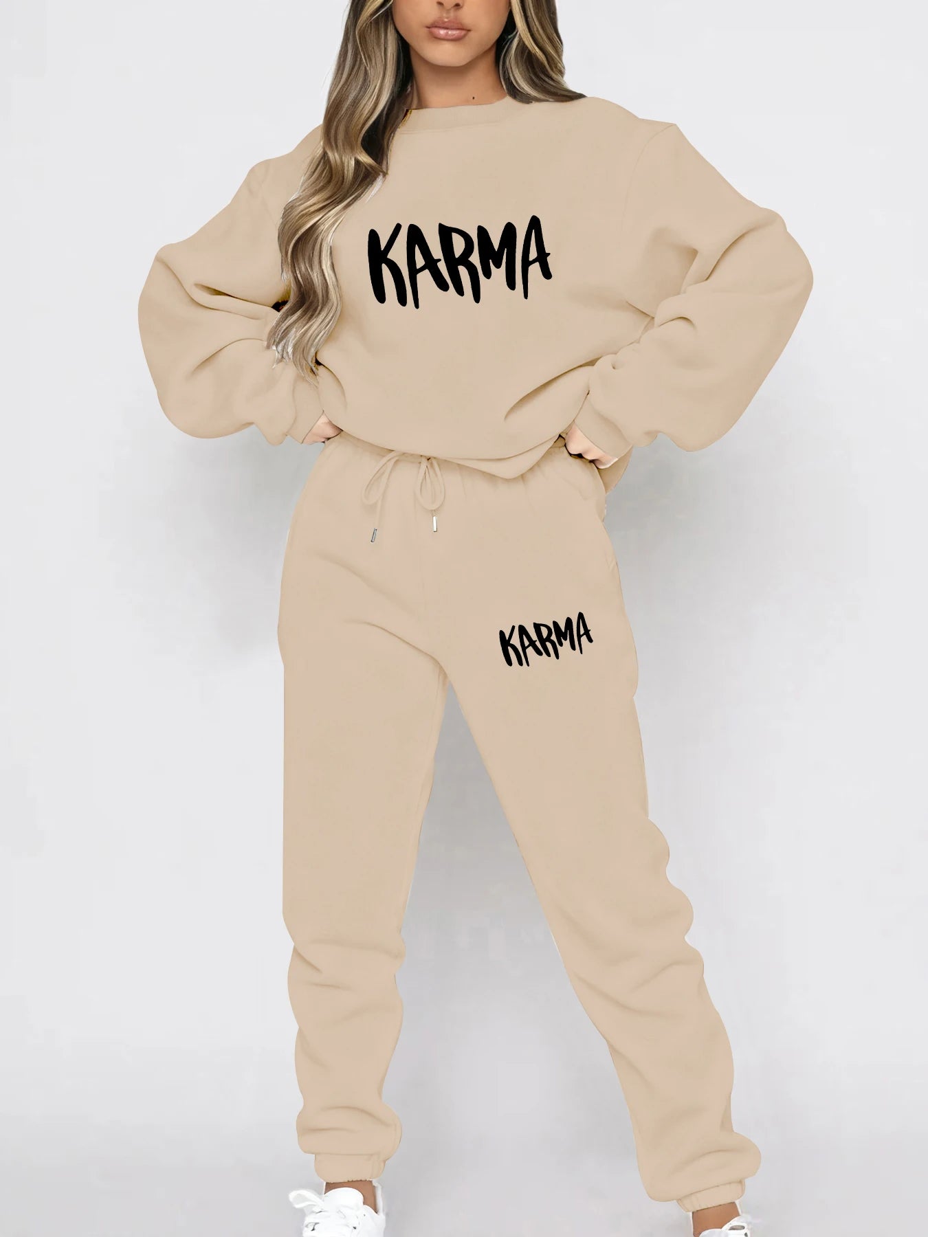 Autumn and Winter Season Lazy Print Long-Sleeve Set, Loose Casual Fit Sweatshirt, Jogger Pants, Casual Sweet Lazy Comfortable Pullover, Crew Neck Sweatshirt + Wide-Leg Pants Two-Piece Set for Party and Commuting, Women's Clot